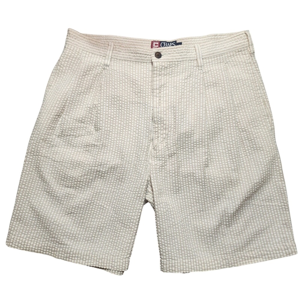 Chaps Seersucker Shorts Mens 32 Tan/White Pleated Cotton Ralph Lauren